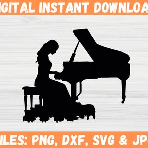 Linda garota tocando piano SVG: silhueta musical, design de músico, teclado de piano de cauda - Arquivos Cricut para SVG, PNG, DXF, JPG