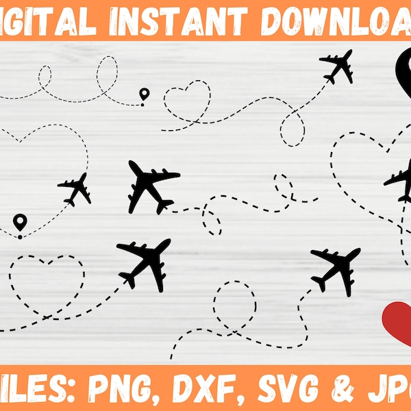 Airplane Bundle SVG, Airplane Heart Path Clipart, Travel Svg Silhouette, Love Aeroplane Vacation Honeymoon Route, Digital Cricut Cut Files
