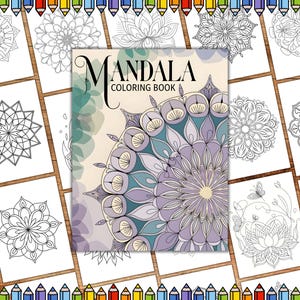 Può includere: Un libro da colorare con mandala con un mandala viola e blu sulla copertina. Il libro ha uno sfondo bianco con le parole "MANDALA COLORING BOOK" in testo nero.