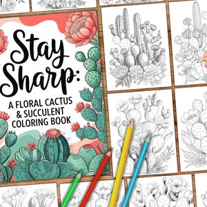 Floral Cactus And Succulent Coloring Pages, Coloring Book, Botanical Coloring Pages, Fantasy Grayscale Coloring Book, Flower Coloring Book