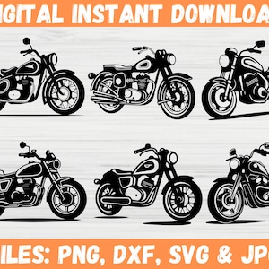 Pacchetto Svg per motociclette, Clipart per motociclette - File Silhouette Cricut Svg, Png, Dxf, Jpg, Adesivo per casco da motocicletta, Vettore motociclista