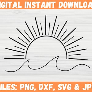 Sun and Wave SVG Silhouette, Digital Download Cricut Files, Sunset Beach Clipart, Sunrise Summer SVG, Ocean Waves Design, Sea Wave Lines.