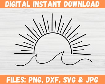 Sun and Wave SVG Silhouette, Digital Download Cricut Files, Sunset Beach Clipart, Sunrise Summer SVG, Ocean Waves Design, Sea Wave Lines.