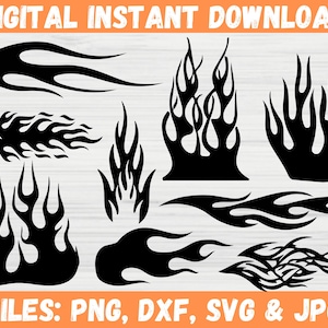 Puede incluir: Un conjunto de diez diseños de llamas en blanco y negro. Las llamas son de varias formas y tamaños, y algunas tienen un aspecto más estilizado. Los diseños son perfectos para usar en manualidades, scrapbooking o diseño digital.