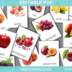 Flashcard di frutta/Carte Montessori modificabili/Carte stampabili PDF/Carte di nomenclatura per flashcard di frutta educative in età prescolare 1-3 anni
