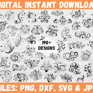 Bundle SVG de tourbillons, s'épanouir des cliparts motif, lignes décoratives, silhouette de trait d'ornement, séparateur de texte floral Swoosh, fichiers Cricut pour Svg