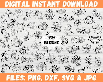 Swirls SVG Bundle, Flourish Clipart Cut Files for Cricut Silhouette, Decorative Lines Swoosh Ornament PNG DXF Instant Download