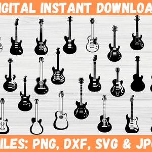 Gitaarsilhouet SVG-bundel | Gitaar muziekinstrument clipart | Rock elektrische en akoestische gitaar vorm digitale SVG-bestanden knippen voor Cricut