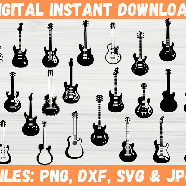 Guitar Silhouette SVG Bundle | Guitar Music Instrument Clipart | Rock Electric and Acoustic Guitar Shape Digital SVG Cut Files for Cricut