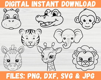 Cute Safari Animals SVG Bundle - Jungle Animal Faces Cut Files for Cricut & Silhouette - Lion, Zebra, Monkey, Giraffe, Elephant