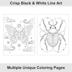 May include: Two black and white coloring pages. One features a detailed butterfly with celestial accents, the other a beetle surrounded by a dotted design. The text at the top reads "Crisp Black & White Line Art" and the text at the bottom reads "Multiple Unique Coloring Pages."