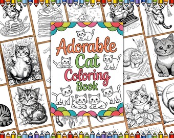 Può includere: Un libro da colorare in bianco e nero con il titolo "Adorable Cat Coloring Book". La copertina presenta una varietà di gatti carini in diverse pose.