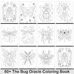 May include: A selection of black and white insect drawings, such as a cicada, butterfly, beetle, dragonfly, and moth, are presented on separate cards. These cards are part of a colouring book, with the text "60+ The Bug Oracle Coloring Book" at the bottom.