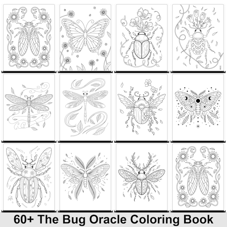 May include: A selection of black and white insect drawings, such as a cicada, butterfly, beetle, dragonfly, and moth, are presented on separate cards. These cards are part of a colouring book, with the text "60+ The Bug Oracle Coloring Book" at the bottom.