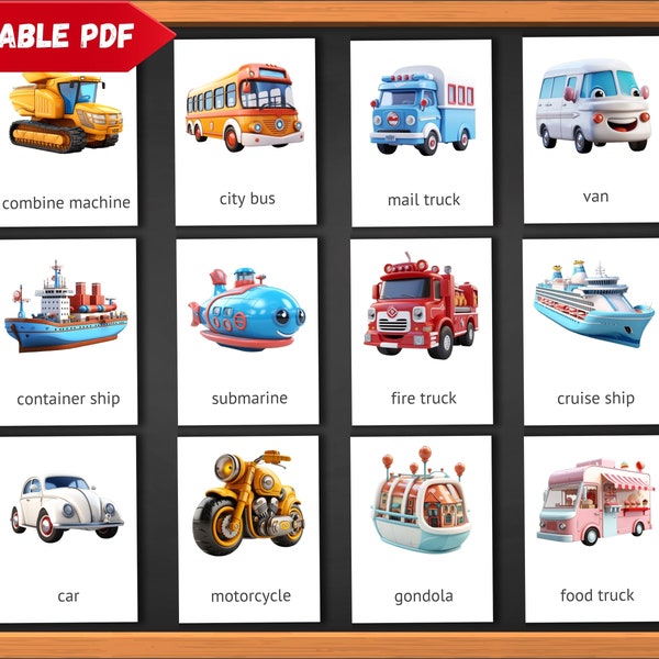 Vehicles Flashcards for Preschool | Editable PDF Kid Flashcards | Flash cards Printable | Kids Flashcards, Montessori, Child 7-10 Years Old