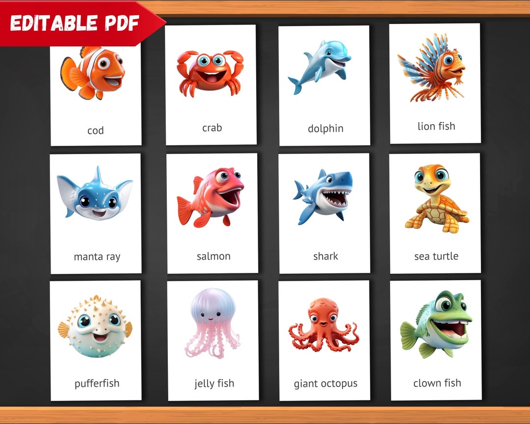 Sea Animals Flashcards PDF Printable Card Editable Montessori Cards