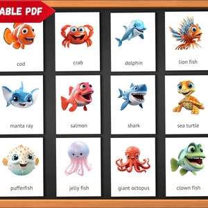 Sea Animals Flashcards | PDF Printable Card | Editable Montessori Cards Nomenclature Cards For Preschool Ocean Animals Flash Cards 4-6 Years