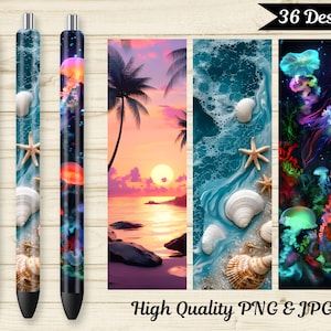 May include: Three colorful pens with different designs. The first pen has a sunset and palm tree design. The second pen has a seashell and starfish design. The third pen has a jellyfish and coral design. The text "36 Designs" and "High Quality PNG & JPG" is visible at the top and bottom of the image.