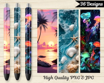 Beach Pen Wrap, Blue Ocean Waterslide Pen Wraps, Coastal Beach Glitter Pen Wrap, Tropical Summer Pen Wrap, Sea Beach Vibes Print Pen Wrap.