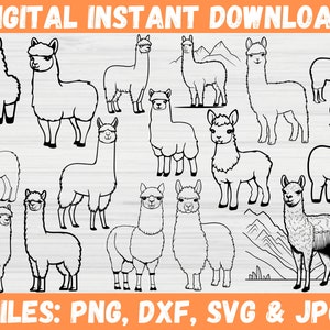 May include: A set of 12 black and white line art illustrations of llamas. The llamas are in various poses, including standing, walking, and looking to the side. The illustrations are perfect for crafting projects, scrapbooking, or digital design.
