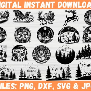 Scena invernale di Natale, Scena invernale SVG, Scena magica di Natale, Babbo Natale e renne SVG, Pacchetto svg di Natale, Pino SVG, Foresta invernale