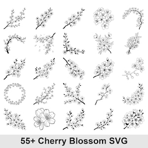 Könnte beinhalten: Eine Sammlung von über 20 schwarz-weißen Kirschblüten-Illustrationen in verschiedenen Anordnungen. Die Designs umfassen Zweige, Sträuße und einen Kranz. Der Text "55+ Cherry Blossom SVG" befindet sich unten.