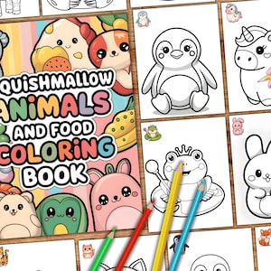 Squishmallow Animals and Food Coloring Pages, Cute Squishmallow Animals, Squish Party Favors, Easy Kids Coloring, Cute Animal & Food Designs