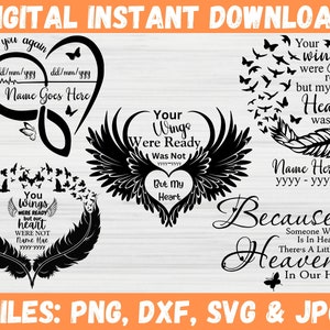 Alas de ángel conmemorativas SVG, Un pedazo de mi corazón tiene alas, Ángel en el cielo, RIP PNG, Paquete de citas conmemorativas SVG, Árbol genealógico SVG, Recuerdo amoroso