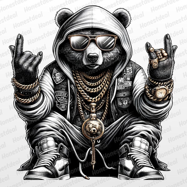 Sublimación de oso de hip hop, oso de peluche por todas partes PNG, sudadera con capucha con diseño DTF, oso gánster de moda, archivos PNG urbanos, descarga digital instantánea