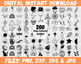 Pacchetto SVG Boho Celestial, fasi lunari mistiche SVG, clipart gotiche e stregonesche in stile doodle per progetti laser Cricut.