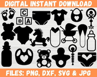May include: A set of 16 black and white SVG cut files for a baby shower or nursery. The files include a baby bottle, a rattle, a rocking horse, a teddy bear, a pacifier, a diaper, a baby onesie, a bib, a baby carriage, a pair of baby feet, and the letters A, B, C, and D.