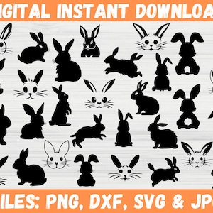 Cute Bunny Clipart SVG Bundle, Rabbit Animal Face Silhouette, Jumping Bunny, Easter Bunny Cartoon Digital Download, Cricut Cut Files for Svg