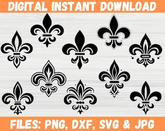 May include: Ten black and white fleur-de-lis designs.  These designs are perfect for crafting projects, scrapbooking, and more.  FILES: PNG, DXF, SVG & JPG
