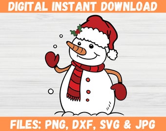 May include: A cartoon snowman wearing a red Santa hat with a white pom-pom, a red scarf, and red mittens. The snowman is smiling and has a carrot nose.