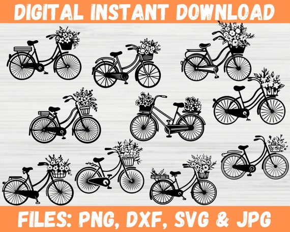 Retro Bicycle SVG Bundle, Floral Bike Clipart PNG for Cricut Silhouette, Vintage Flower Bike Designs for T-Shirt, Sticker, Wall Art