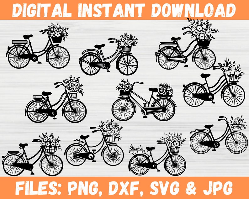 May include: A set of ten black and white silhouette images of bicycles with baskets of flowers. The images are perfect for crafting projects, scrapbooking, and digital design.