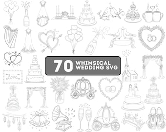 May include: A collection of 70 whimsical wedding-themed SVG illustrations in black and white. The images include wedding cakes, champagne bottles, doves, hearts, wedding dresses, and other related elements. The text "70 Whimsical Wedding SVG" is displayed in a black rectangle.