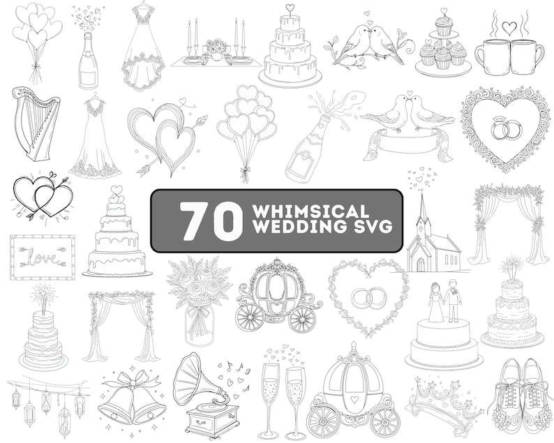 70 Whimsical Wedding SVG Bundle, Hand Drawn Wedding Clipart for Cricut ...