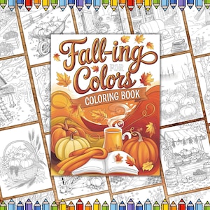 Op de afbeelding: Een zwart-wit kleurboek met de titel "Fall-ing for Colors Coloring Book". De omslag toont een herfst-illustratie met pompoenen, bladeren, een mok met een warme drank en een boek.