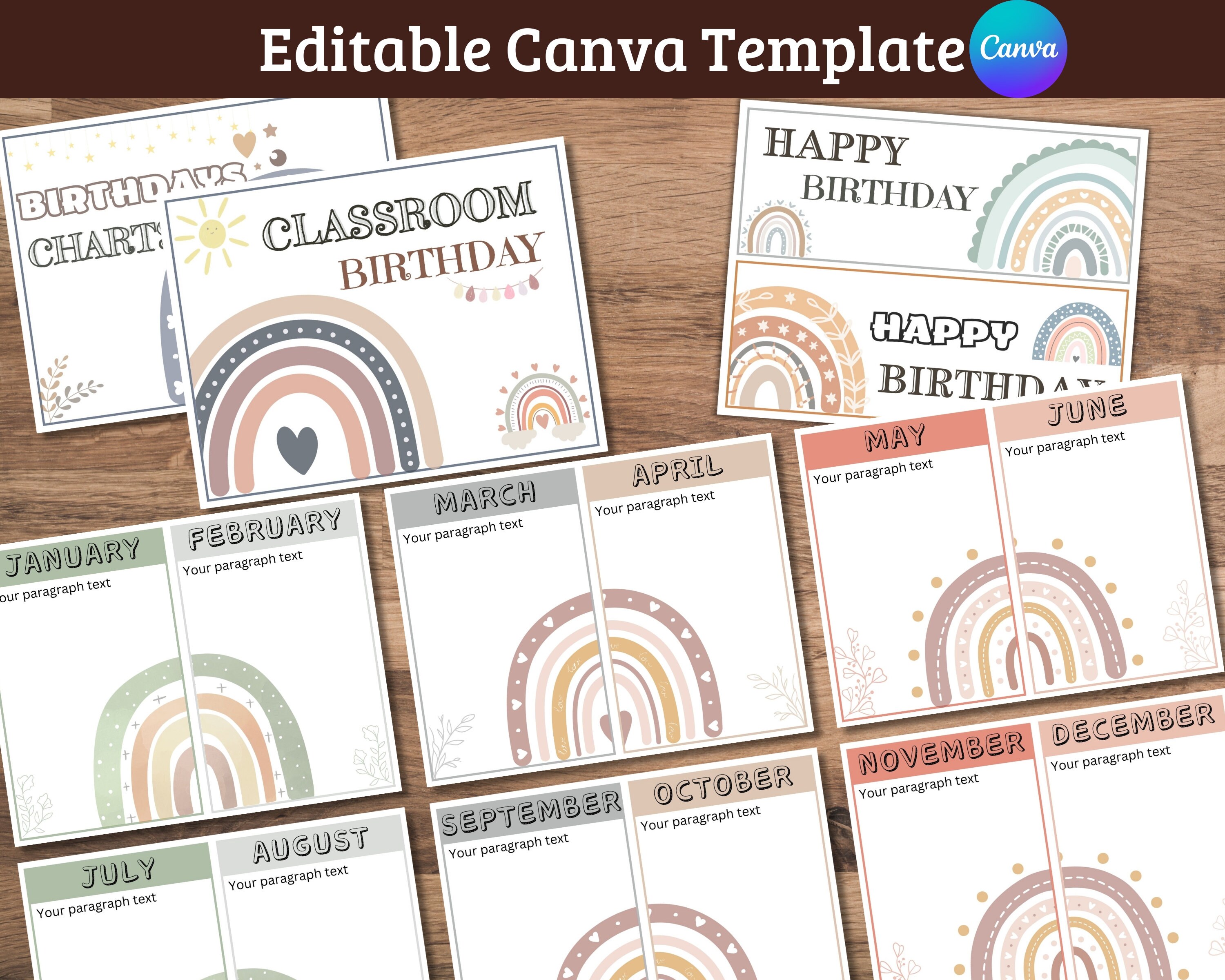 Boho Rainbow Birthday Classroom Display, Editable Monthly Birthday ...