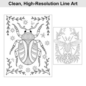May include: Black and white line art illustrations of beetles. One large beetle is surrounded by leaves and stars. The other beetle has wings and is surrounded by leaves. The text "Clean, High-Resolution Line Art" is at the top.