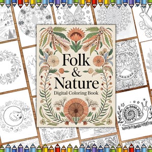 Folk & Nature Coloring Pages, Folk Art Blossoms Digital Coloring Books, Coloring Pages For Adults, Folk Florals Coloring Books, Scandinavian