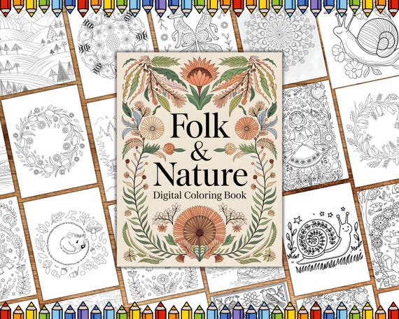 Nature Coloring PDF Printable, Folk Nature Floral Design for Adults