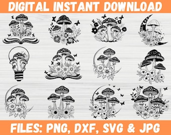 Mystical Mushroom SVG Bundle, Boho Cottagecore Mushroom Cut Files PNG for Cricut, Floral Magic Fungi Clipart