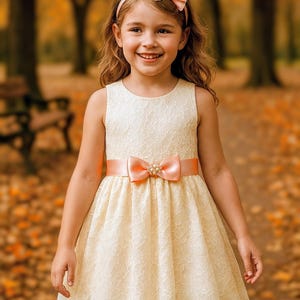 Vestido de niña de las flores de encaje color marfil, fajín de perlas y diadema