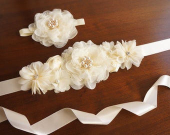 READY TO SHIP Flower sash belt, Ivory flower girl sash belt, Wedding flower belt, Maternity sash, Bridal flower sash, Flower girl sash belt