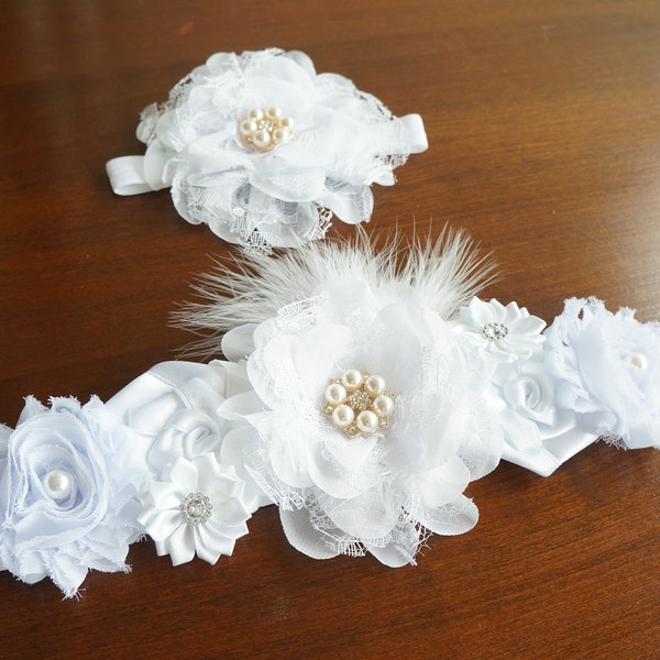 White Flower Sash, White Flower Belt, Flower girl sash, Flower headband and sash set, Wedding sash, Maternity sash, Bridesmaid sash