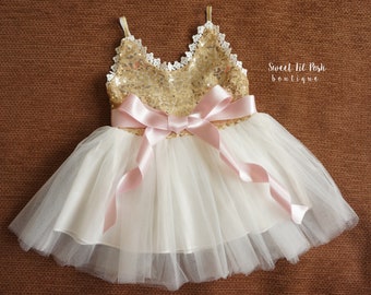 Robe de fille de paillettes d'or, robe de fille de fleur, fille de fleur d'or, robe de fille de tulle de paillettes d'or, robe de fille de tulle, robe de tulle de bébé, robe d'or