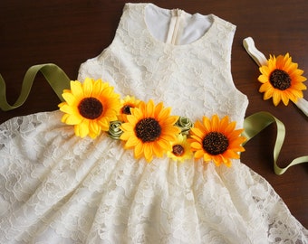 Flower Girl Dress Ivory Flower Girl Dress Sunflower Flower Girl Dress Rustic Flower Girl Dress Ivory Lace Dress Country Wedding Girl Dress