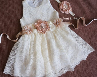 flower girl dress, ivory flower girl dress, rustic lace flower girl dress, boho flower girl dresses, vintage flower girl,birthdaylace dress